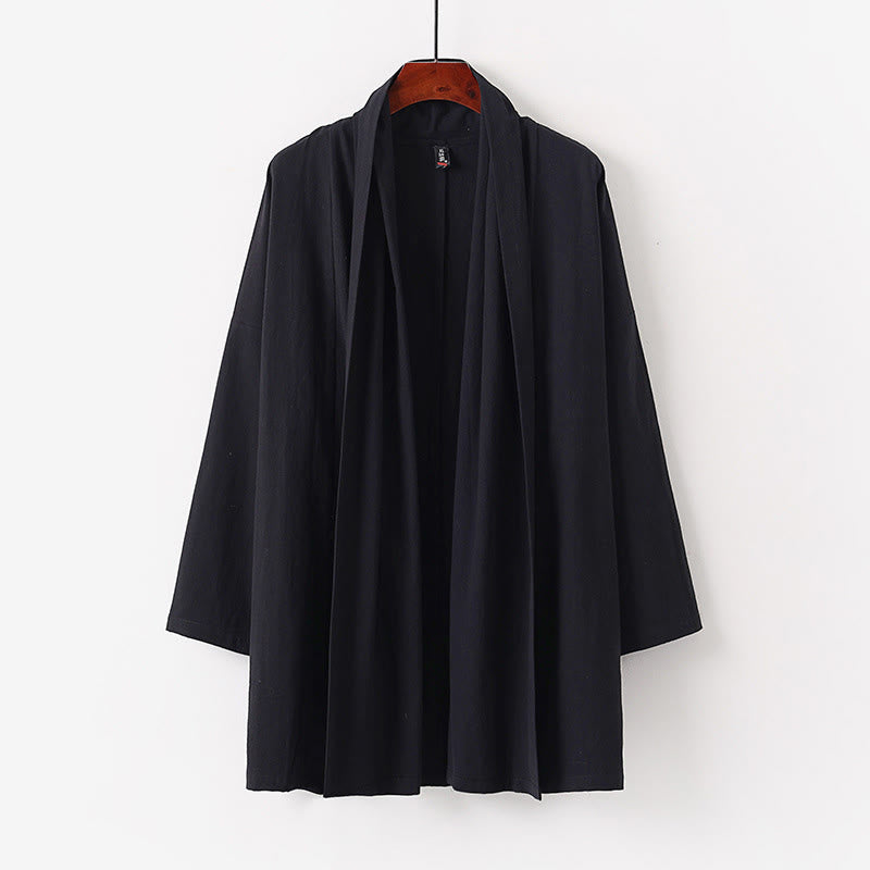 Buddha Stones春秋 無地 長袖 ミドル丈 前開き メンズ着物 - 黒 - US/UK/AU54、 EU64 (9XL) - image 1