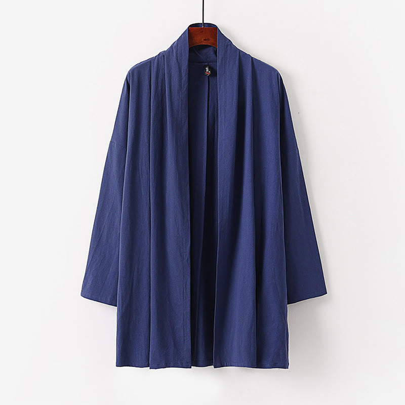 Buddha Stones春秋 無地 長袖 ミドル丈 前開き メンズ着物 - スチールブルー - US/UK/AU54、 EU64 (9XL) - image 8