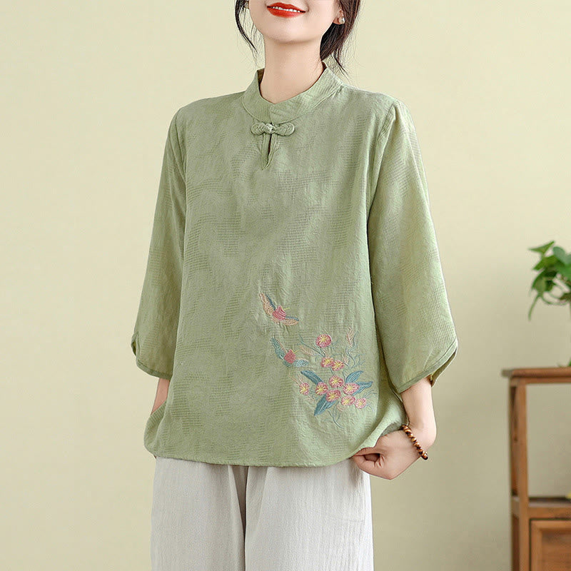 Buddha Stonesの花刺繍入り七分袖カエルボタンマンダリンカラーコットンレディースシャツ - 淡い緑色 - US12、 UK/AU16、 EU44 (3XL) - image 0