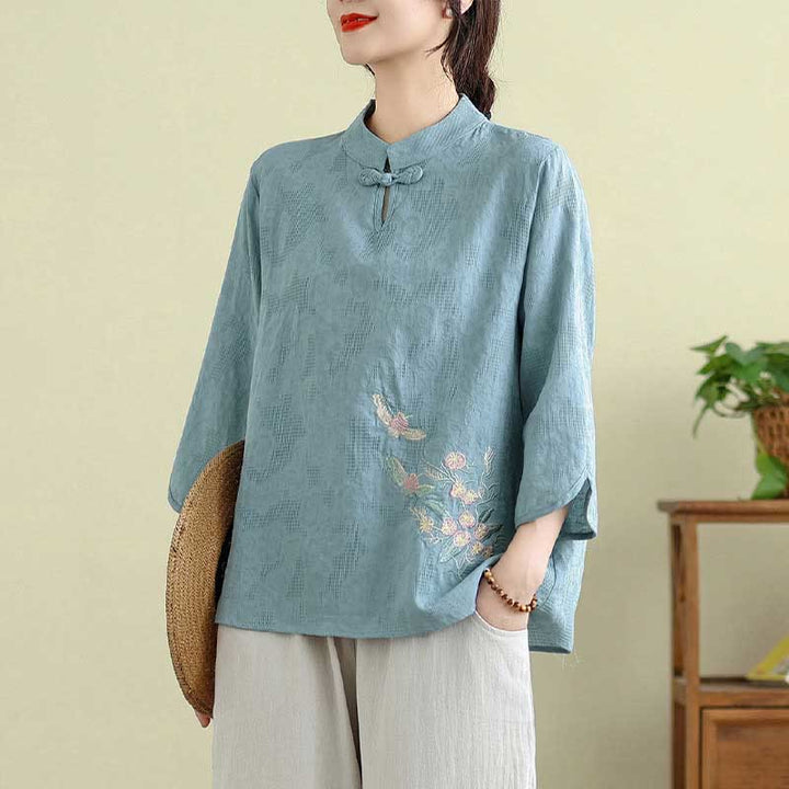 Buddha Stonesの花刺繍入り七分袖カエルボタンマンダリンカラーコットンレディースシャツ - 水色 - US12、 UK/AU16、 EU44 (3XL) - image 8