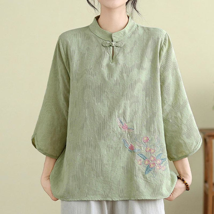 Buddha Stonesの花刺繍入り七分袖カエルボタンマンダリンカラーコットンレディースシャツ - image 5