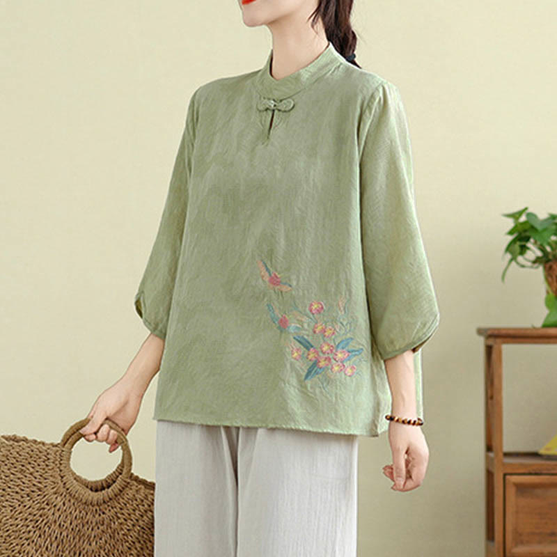 Buddha Stonesの花刺繍入り七分袖カエルボタンマンダリンカラーコットンレディースシャツ - image 3