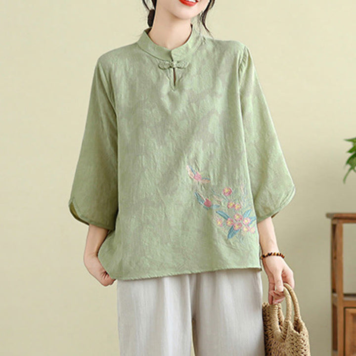Buddha Stonesの花刺繍入り七分袖カエルボタンマンダリンカラーコットンレディースシャツ - image 6