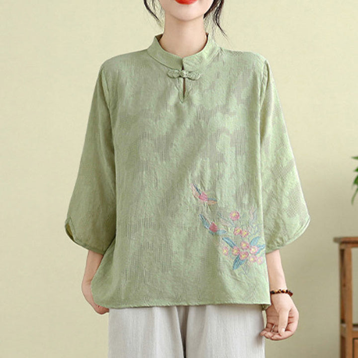 Buddha Stonesの花刺繍入り七分袖カエルボタンマンダリンカラーコットンレディースシャツ - image 1