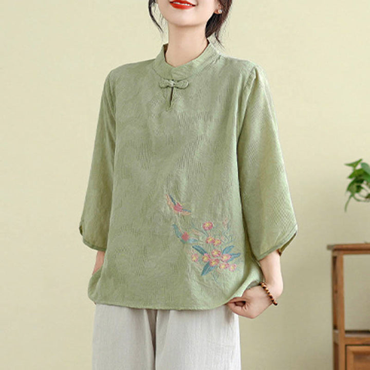 Buddha Stonesの花刺繍入り七分袖カエルボタンマンダリンカラーコットンレディースシャツ - image 4