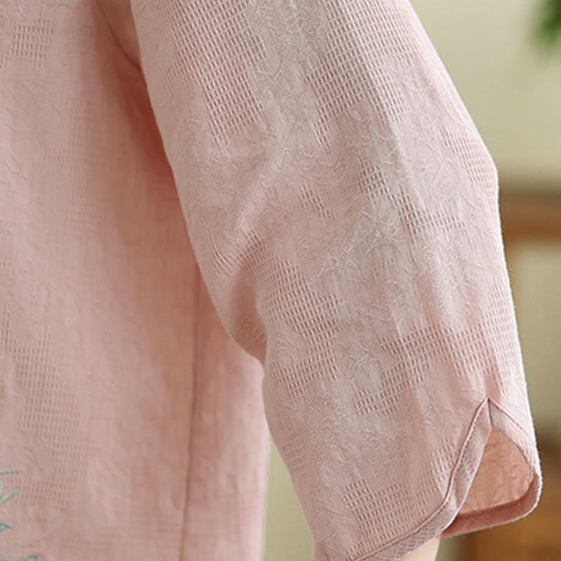 Buddha Stonesの花刺繍入り七分袖カエルボタンマンダリンカラーコットンレディースシャツ - image 24