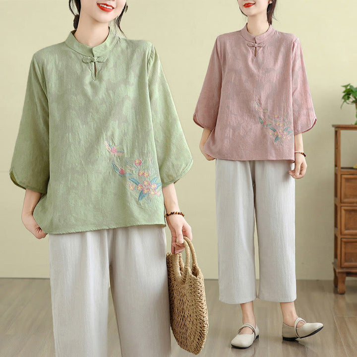 Buddha Stonesの花刺繍入り七分袖カエルボタンマンダリンカラーコットンレディースシャツ - image 27