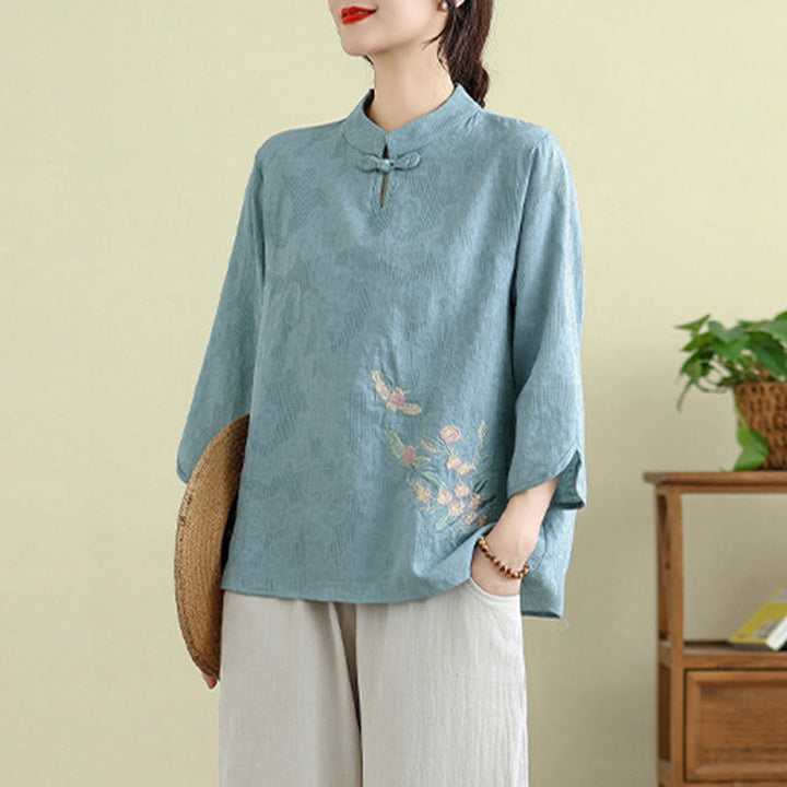 Buddha Stonesの花刺繍入り七分袖カエルボタンマンダリンカラーコットンレディースシャツ - image 14