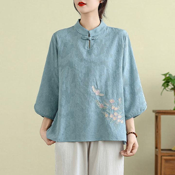 Buddha Stonesの花刺繍入り七分袖カエルボタンマンダリンカラーコットンレディースシャツ - image 13