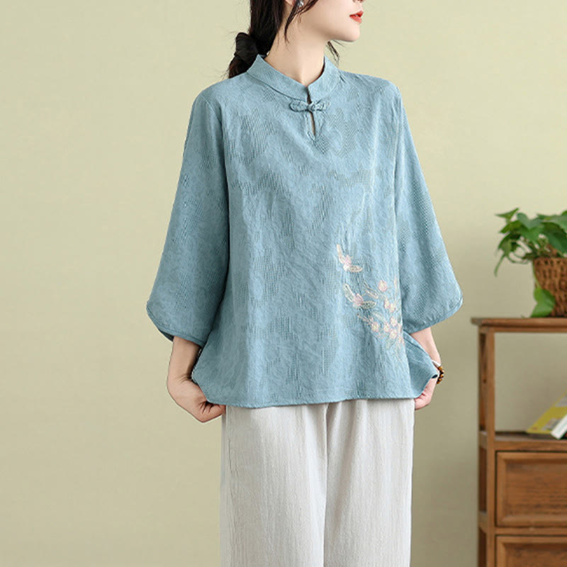 Buddha Stonesの花刺繍入り七分袖カエルボタンマンダリンカラーコットンレディースシャツ - image 12