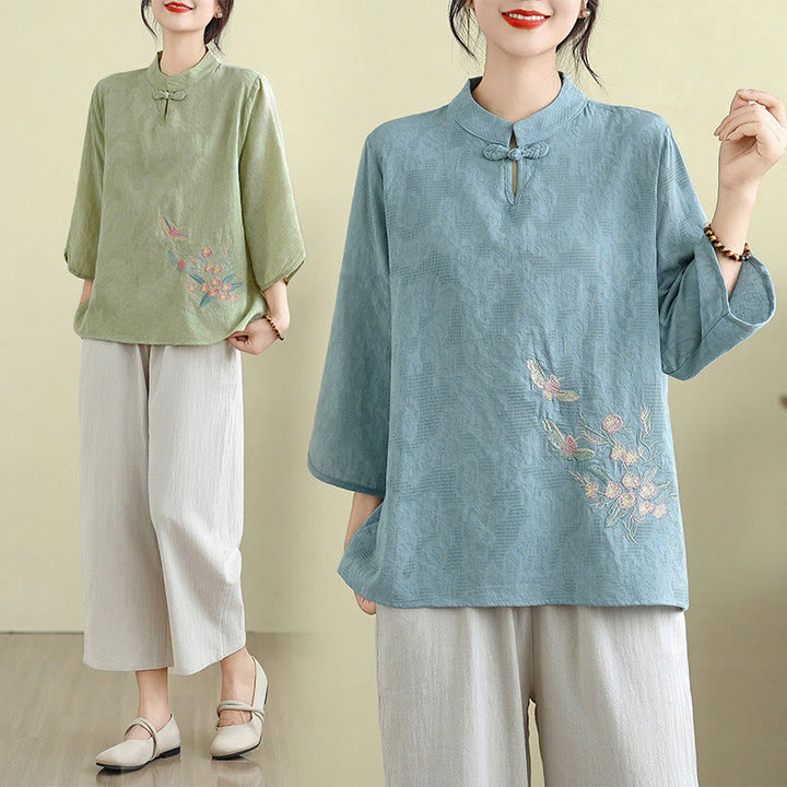 Buddha Stonesの花刺繍入り七分袖カエルボタンマンダリンカラーコットンレディースシャツ - image 15