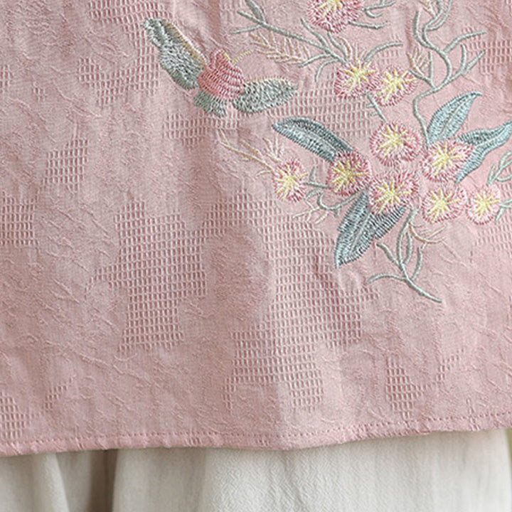 Buddha Stonesの花刺繍入り七分袖カエルボタンマンダリンカラーコットンレディースシャツ - image 25