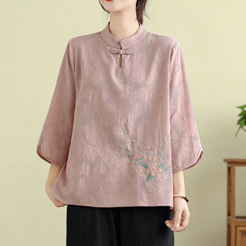 Buddha Stonesの花刺繍入り七分袖カエルボタンマンダリンカラーコットンレディースシャツ - image 20