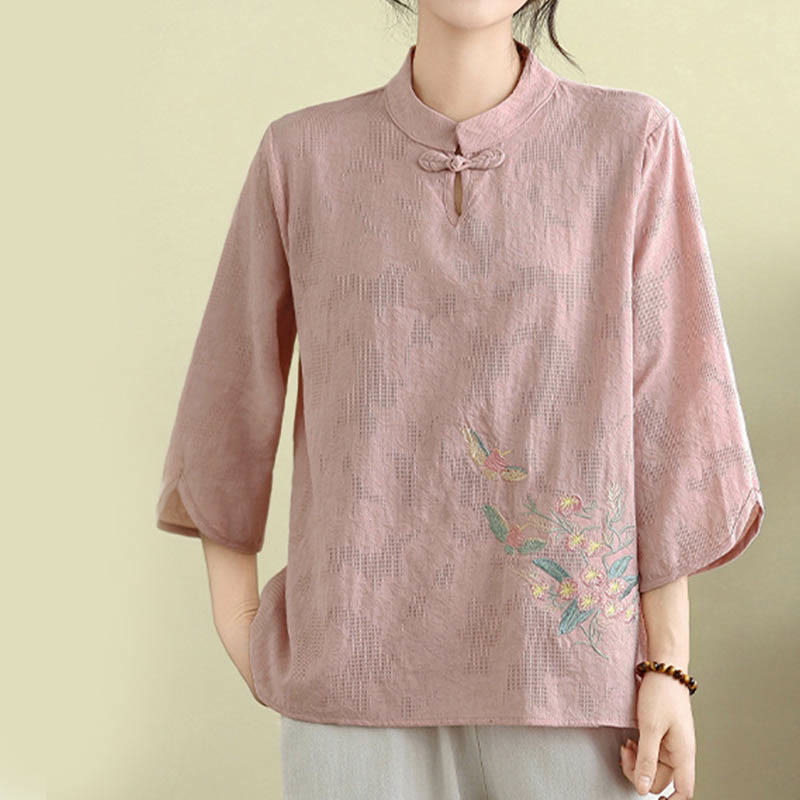 Buddha Stonesの花刺繍入り七分袖カエルボタンマンダリンカラーコットンレディースシャツ - image 17
