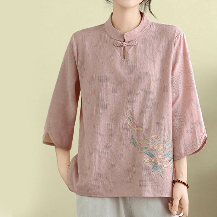 Buddha Stonesの花刺繍入り七分袖カエルボタンマンダリンカラーコットンレディースシャツ - image 17