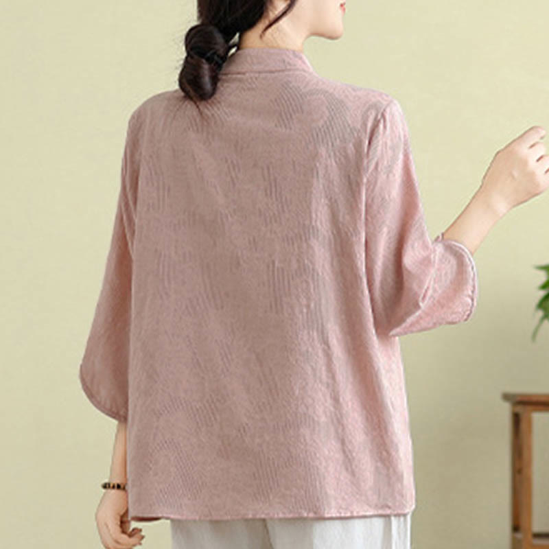 Buddha Stonesの花刺繍入り七分袖カエルボタンマンダリンカラーコットンレディースシャツ - image 19
