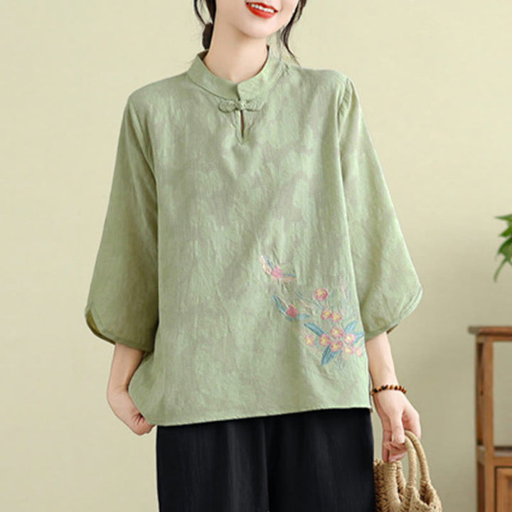 Buddha Stonesの花刺繍入り七分袖カエルボタンマンダリンカラーコットンレディースシャツ - image 7