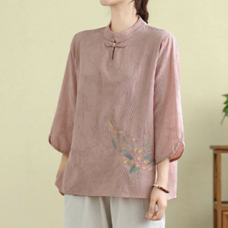 Buddha Stonesの花刺繍入り七分袖カエルボタンマンダリンカラーコットンレディースシャツ - image 21