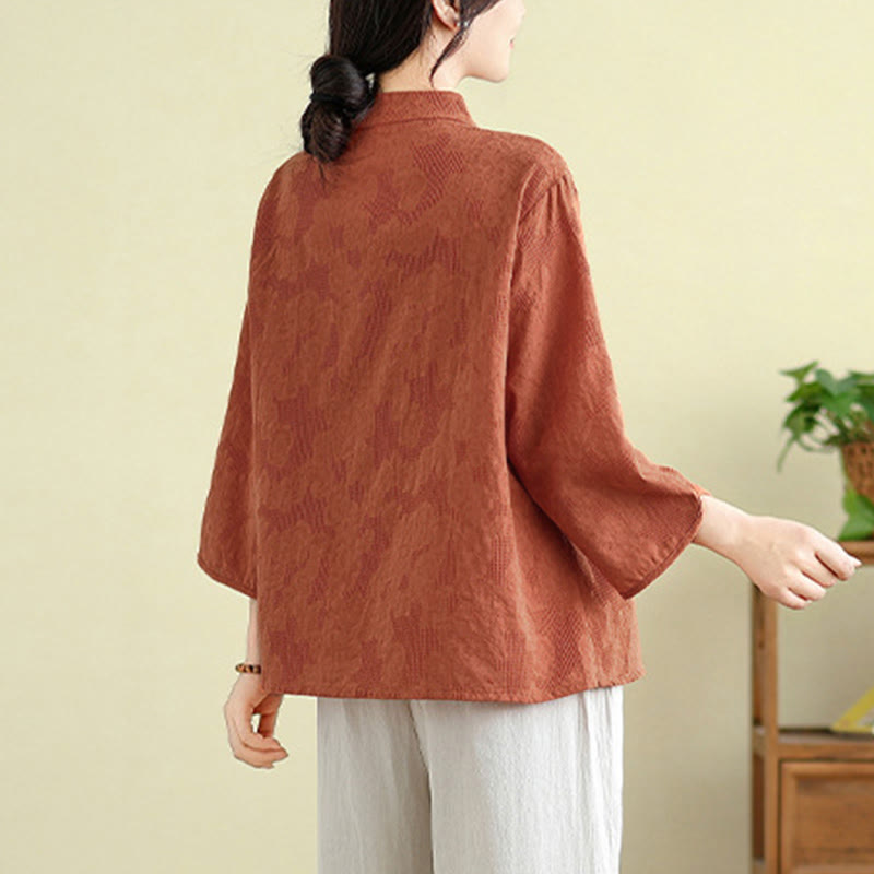 Buddha Stonesの花刺繍ジャカード七分袖フロッグボタンコットンレディースシャツ - image 2