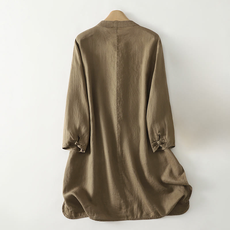 Buddha Stones秋冬 無地 フロッグボタン スタンドカラー 七分袖 ミドル丈 レディース コットンシャツ - image 2