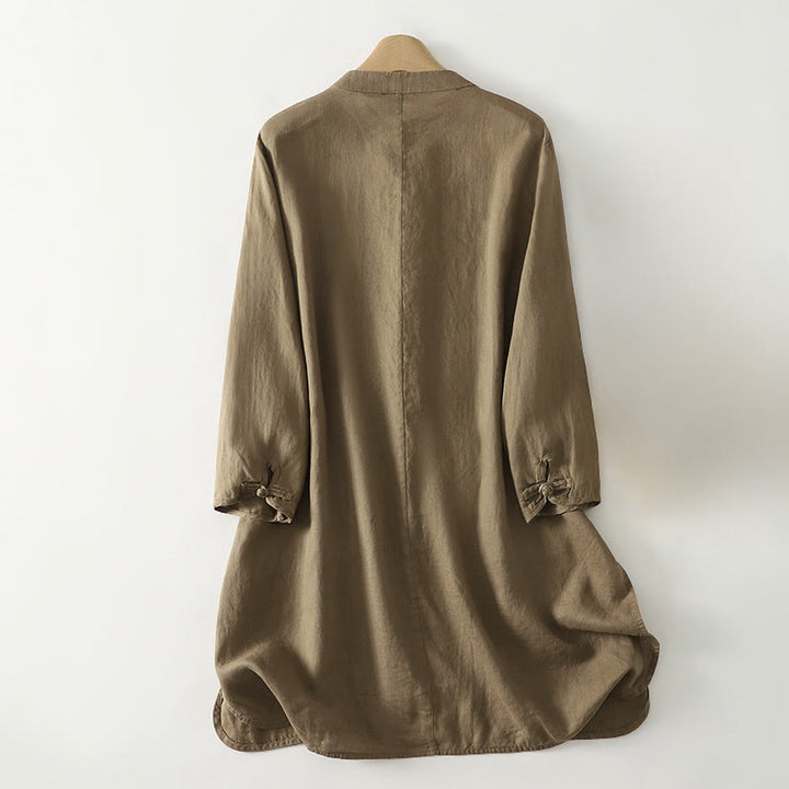 Buddha Stones秋冬 無地 フロッグボタン スタンドカラー 七分袖 ミドル丈 レディース コットンシャツ - image 2