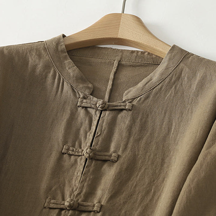 Buddha Stones秋冬 無地 フロッグボタン スタンドカラー 七分袖 ミドル丈 レディース コットンシャツ - image 3