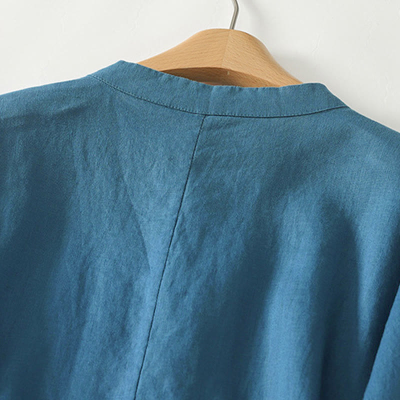 Buddha Stones秋冬 無地 フロッグボタン スタンドカラー 七分袖 ミドル丈 レディース コットンシャツ - image 10