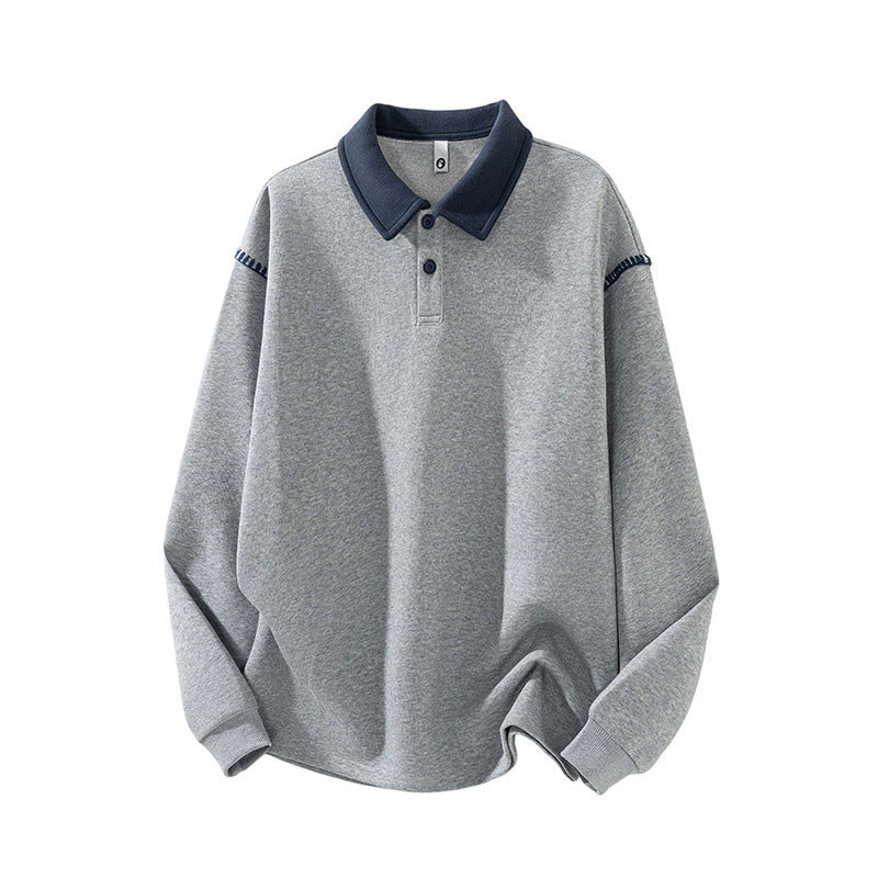 Buddha Stones秋冬ポロカラーボタンメンズスウェットシャツコットンプルオーバー - ライトグレー - US/UK/AU44、 EU54 (4XL) - image 1