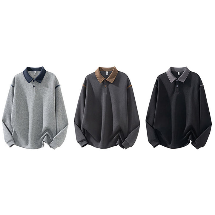 Buddha Stones秋冬ポロカラーボタンメンズスウェットシャツコットンプルオーバー - image 12