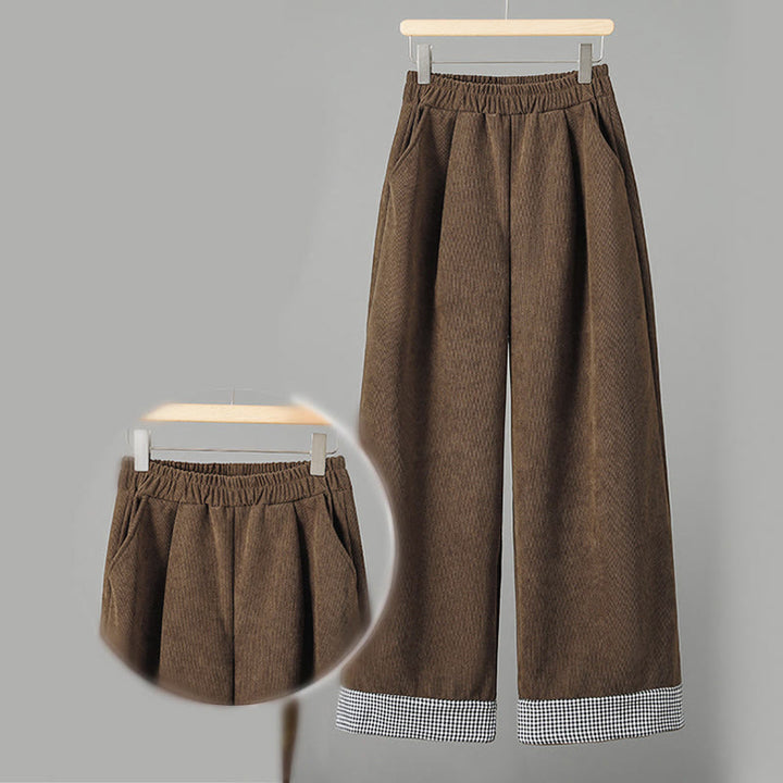 Buddha Stonesプレーン 伸縮性ウエスト パッチワーク チェック柄 レディース アンクル丈 ワイドレッグ コーデュロイパンツ - image 2