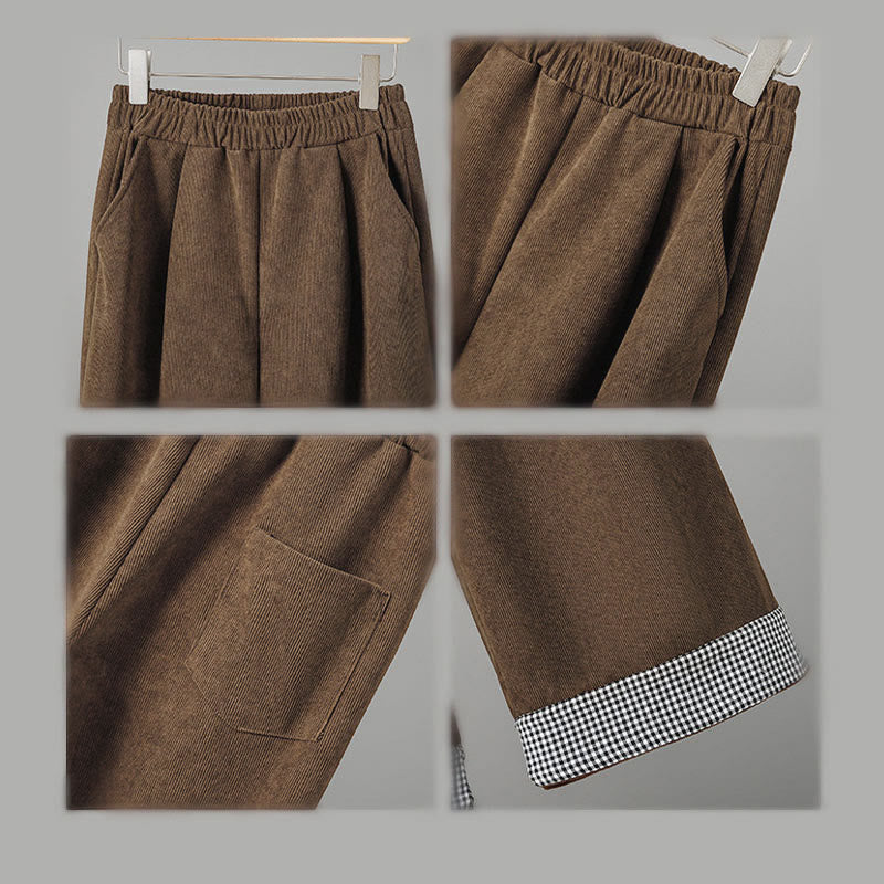 Buddha Stonesプレーン 伸縮性ウエスト パッチワーク チェック柄 レディース アンクル丈 ワイドレッグ コーデュロイパンツ - image 8