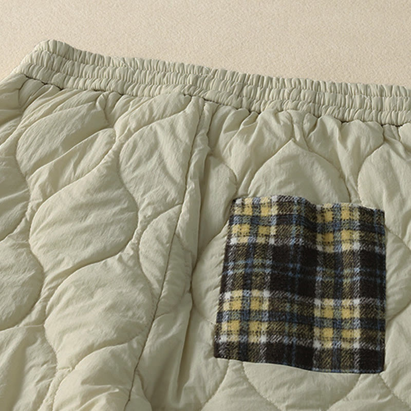 Buddha Stones冬 カーブライン 伸縮性ウエスト ドローストリング パッチワーク チェック柄 コットン サーマル レディース パンツ ポケット付き - image 9