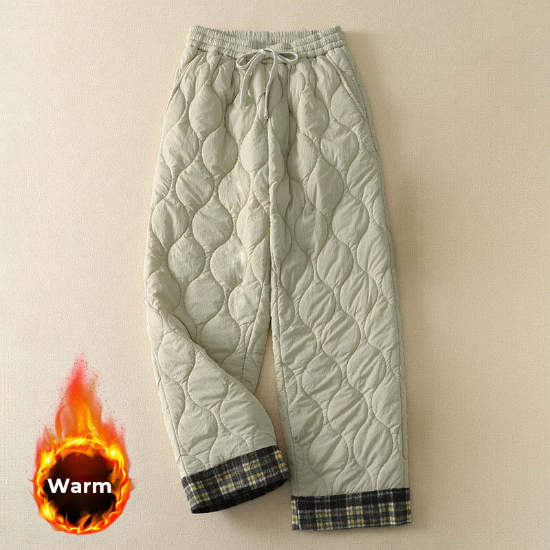 Buddha Stones冬 カーブライン 伸縮性ウエスト ドローストリング パッチワーク チェック柄 コットン サーマル レディース パンツ ポケット付き - ベージュ - US8-10，UK/AU12-14，EU40-42 (2XL) - image 5