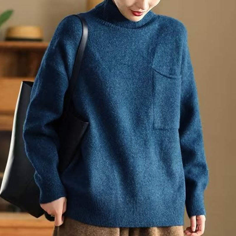 Buddha Stones冬用 無地 モックネック 長袖 レディース ニット コットン セーター - image 1