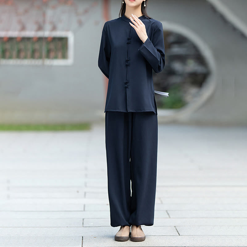 Buddha Stones 2点 中国風 カエルボタン 長袖 シャツ トップ パンツ 瞑想 禅 太極拳 コットン 衣類 レディース セット - image 3