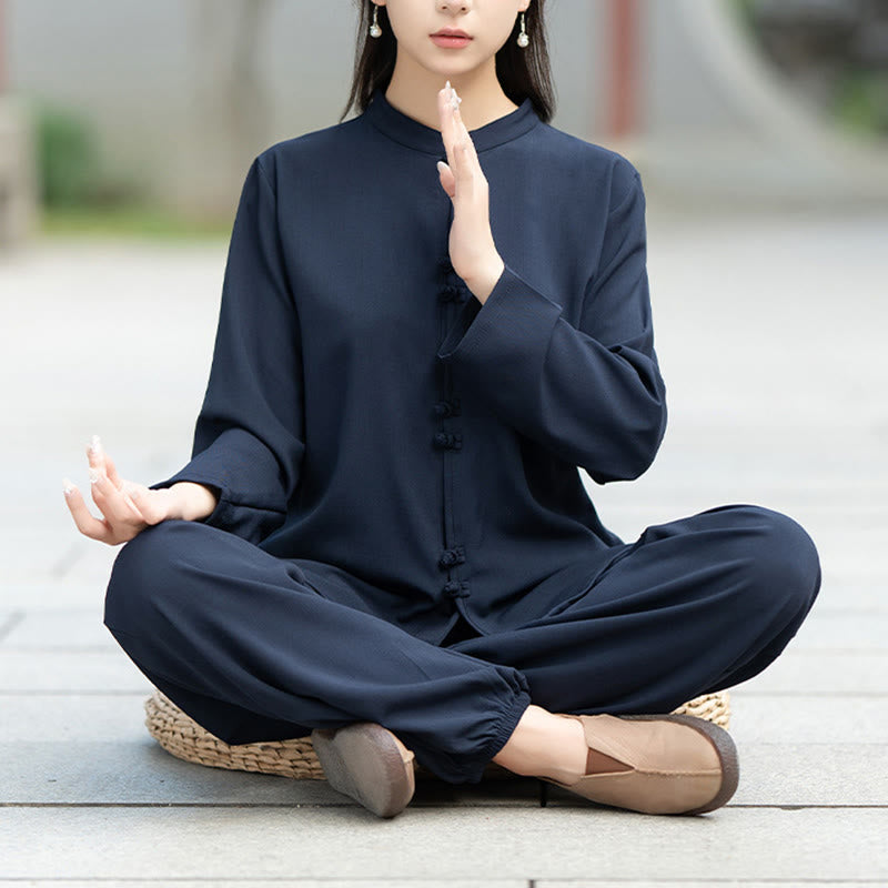 Buddha Stones 2点 中国風 カエルボタン 長袖 シャツ トップ パンツ 瞑想 禅 太極拳 コットン 衣類 レディース セット - スティールブルー - US8-10，UK/AU12-14，EU40-42 (2XL) - image 0