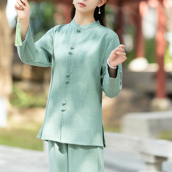 Buddha Stones 2点 中国風 カエルボタン 長袖 シャツ トップ パンツ 瞑想 禅 太極拳 コットン 衣類 レディース セット - image 15