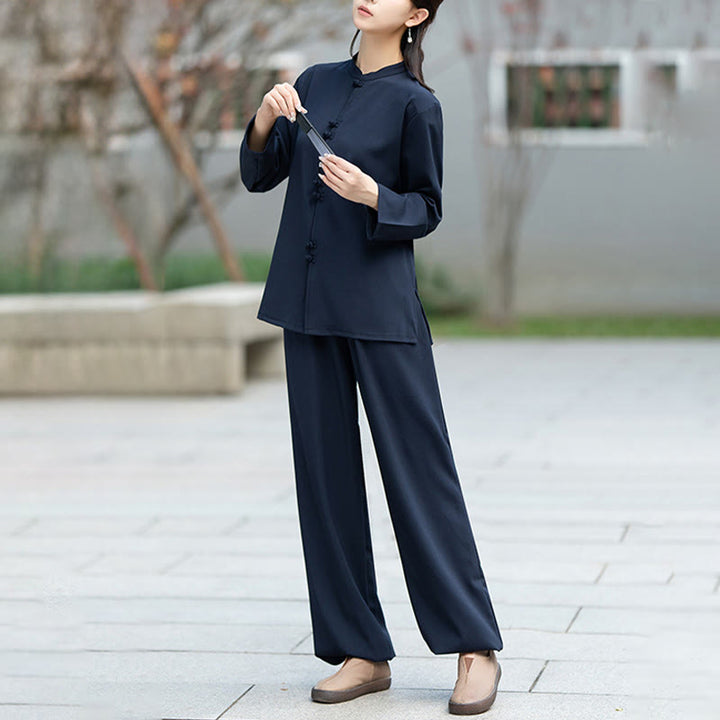 Buddha Stones 2点 中国風 カエルボタン 長袖 シャツ トップ パンツ 瞑想 禅 太極拳 コットン 衣類 レディース セット - image 4