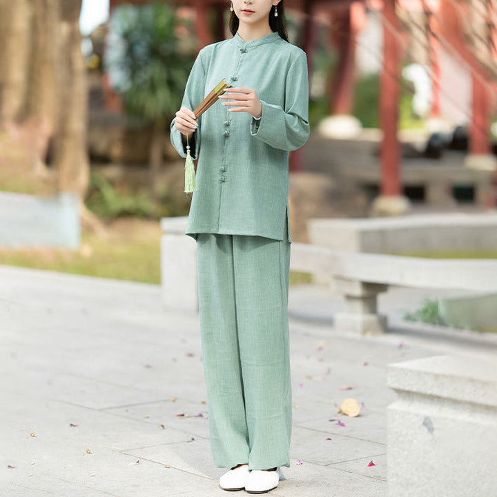 Buddha Stones 2点 中国風 カエルボタン 長袖 シャツ トップ パンツ 瞑想 禅 太極拳 コットン 衣類 レディース セット - image 13
