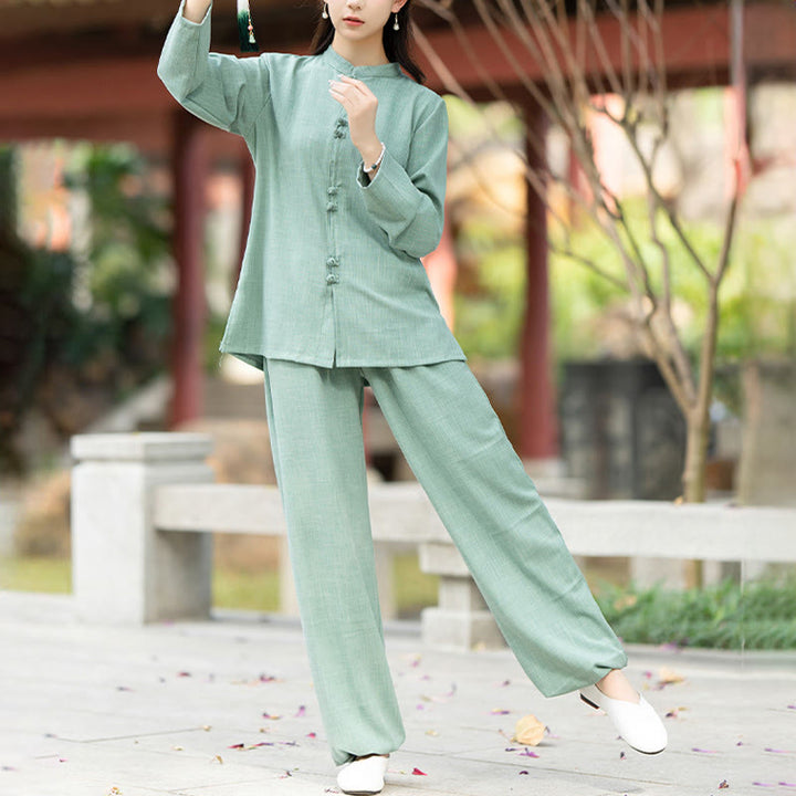 Buddha Stones 2点 中国風 カエルボタン 長袖 シャツ トップ パンツ 瞑想 禅 太極拳 コットン 衣類 レディース セット - image 11