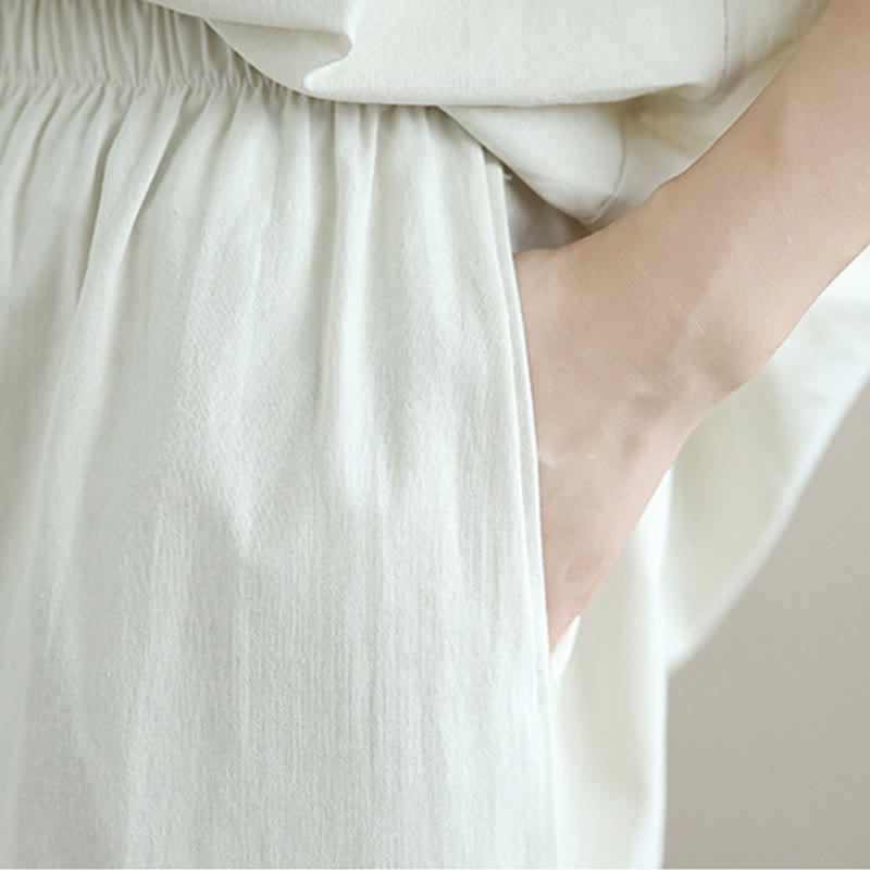 Buddha Stones 2点セット 秋 無地 コットン ボタンダウン 長袖シャツ 足首丈 ワイドレッグパンツ レディース ポケット付き - image 10