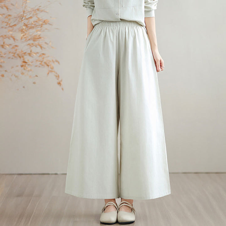 Buddha Stones 2点セット 秋 無地 コットン ボタンダウン 長袖シャツ 足首丈 ワイドレッグパンツ レディース ポケット付き - image 5