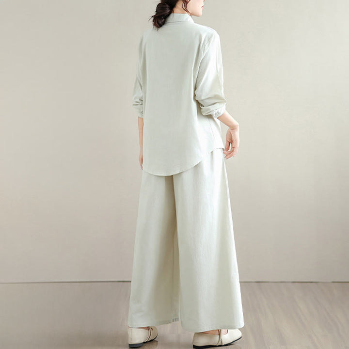Buddha Stones 2点セット 秋 無地 コットン ボタンダウン 長袖シャツ 足首丈 ワイドレッグパンツ レディース ポケット付き - image 3