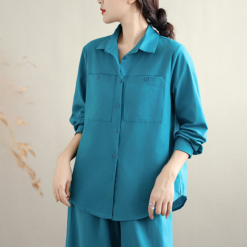 Buddha Stones 2点セット 秋 無地 コットン ボタンダウン 長袖シャツ 足首丈 ワイドレッグパンツ レディース ポケット付き - image 18