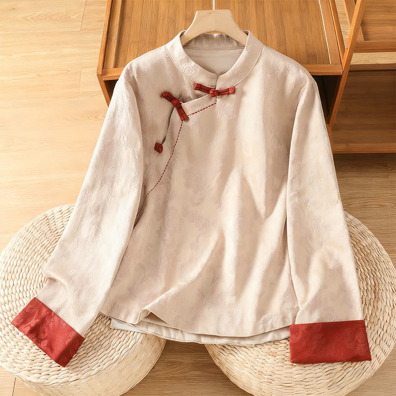 Buddha Stones秋 ジャカード フローラルプリント フロッグボタン スタンドカラー 長袖 レディース コットンシャツ - ベージュ - US8-10，UK/AU12-14，EU40-42 (2XL) - image 16