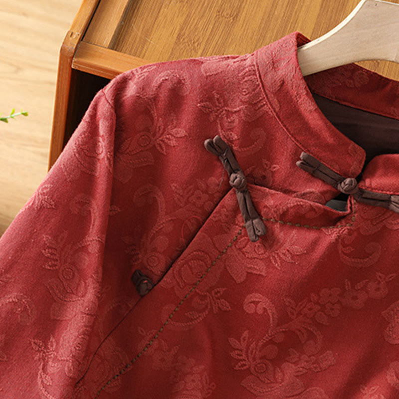 Buddha Stones秋 ジャカード フローラルプリント フロッグボタン スタンドカラー 長袖 レディース コットンシャツ - image 4