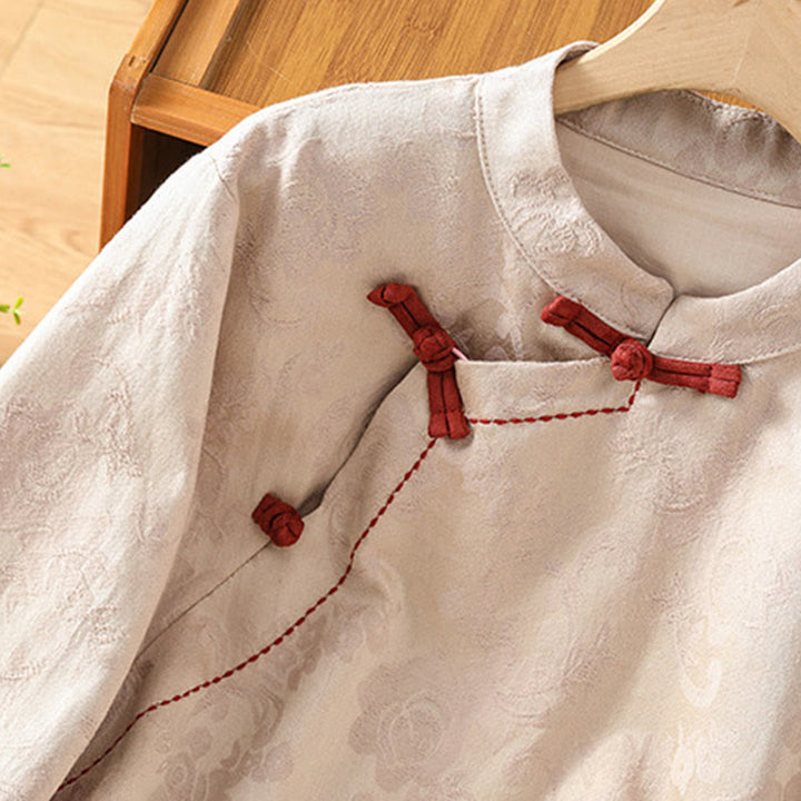 Buddha Stones秋 ジャカード フローラルプリント フロッグボタン スタンドカラー 長袖 レディース コットンシャツ - image 21