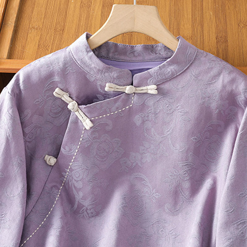 Buddha Stones秋 ジャカード フローラルプリント フロッグボタン スタンドカラー 長袖 レディース コットンシャツ - image 10