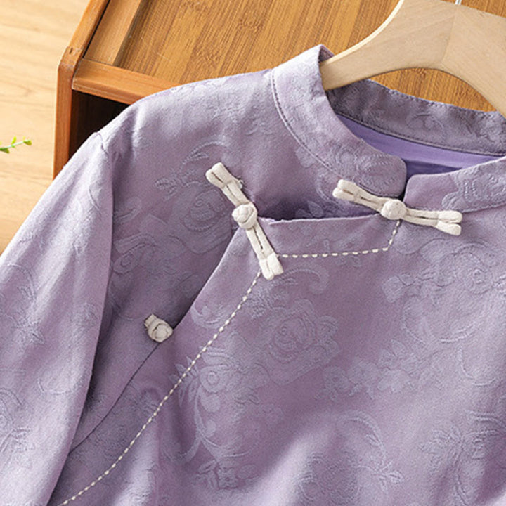 Buddha Stones秋 ジャカード フローラルプリント フロッグボタン スタンドカラー 長袖 レディース コットンシャツ - image 12