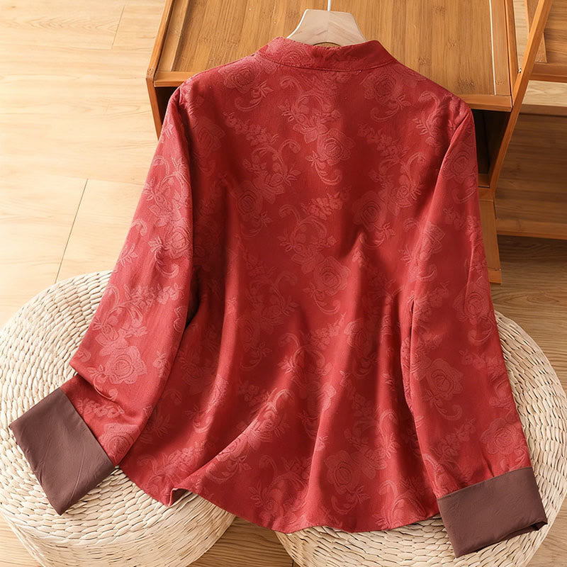 Buddha Stones秋 ジャカード フローラルプリント フロッグボタン スタンドカラー 長袖 レディース コットンシャツ - image 1